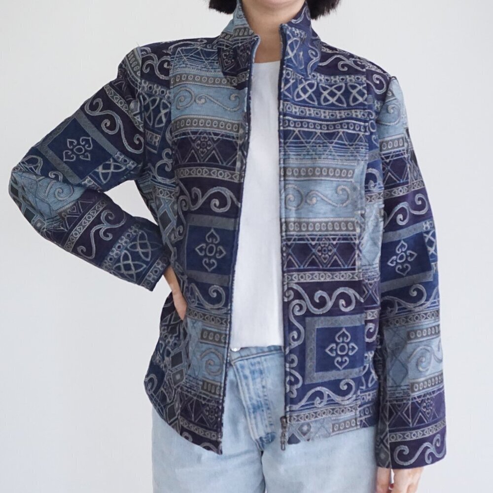 Christopher & Banks Blue Tapestry Zip Jacket Cotton Cabincore Eclectic XL